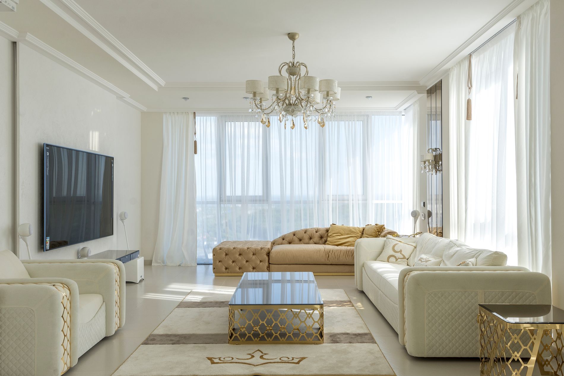Bright, spotless sunlit living room